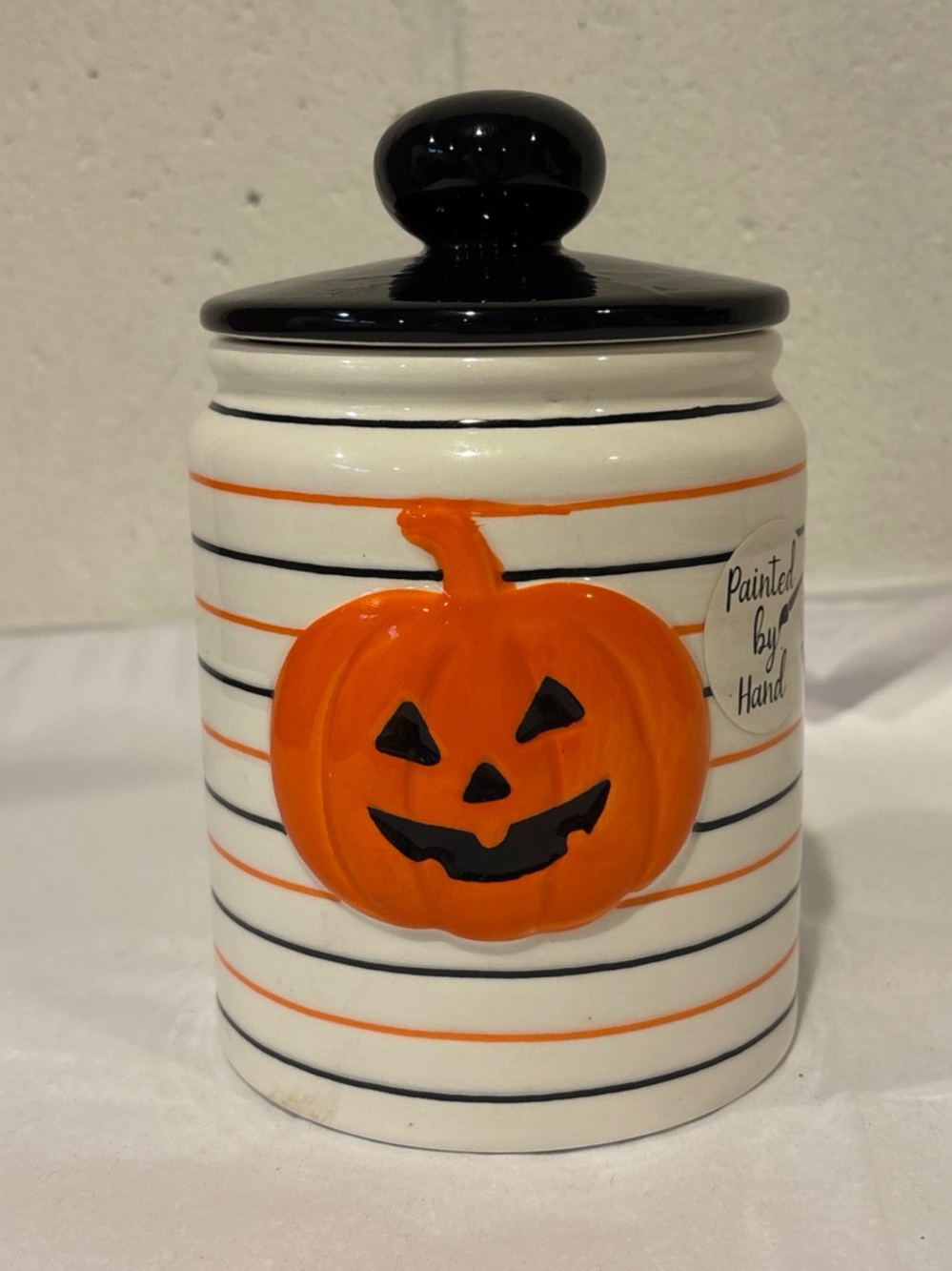 Halloween Jack O Lantern Ceramic Candy Jar 
Hand Painted with Lid
